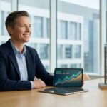 Femme souriante avec tablette affichant croissance et maquette de bâtiment, symbolisant un investissement EHPAD réussi et prospectif.