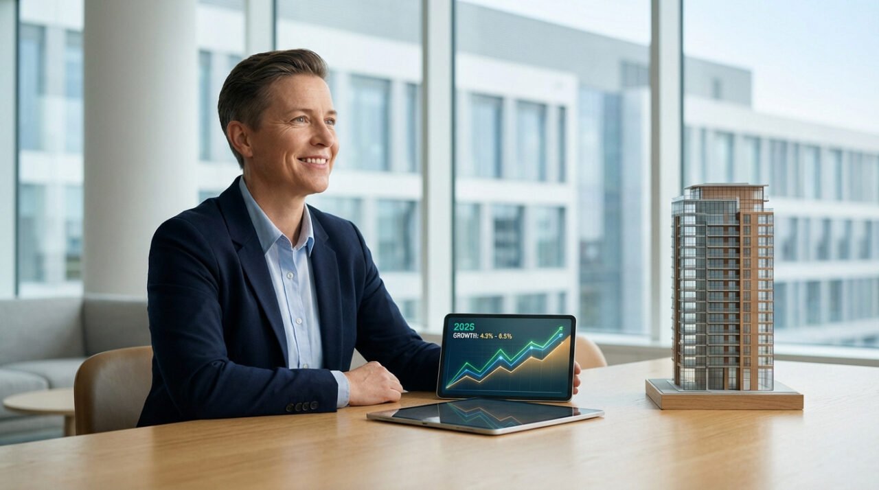 Femme souriante avec tablette affichant croissance et maquette de bâtiment, symbolisant un investissement EHPAD réussi et prospectif.