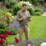 Un jardinier évalue un projet de jardin avec une tablette numérique, entouré de roses, lavande et hortensias.
