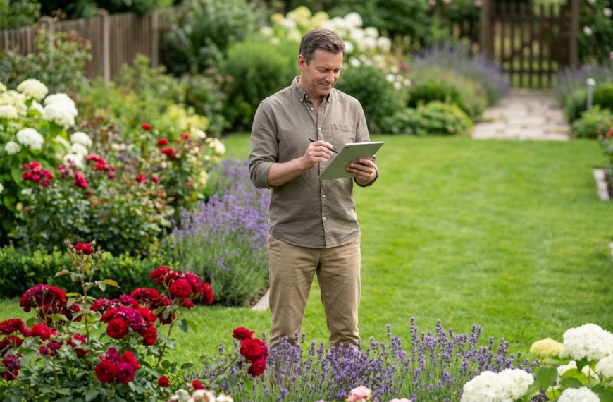Un jardinier évalue un projet de jardin avec une tablette numérique, entouré de roses, lavande et hortensias.