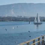 Un Voilier Se Déplace Sur Un Lac Avec Des Mouettes Volant à Proximité, Un Paysage Urbain Lointain, Une Fontaine Et Une Montagne En Arrière Plan.