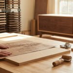 Un artisan applique un placage de bois sur un panneau, entouré d'outils, de colle et de piles de placages chêne, érable, noyer.