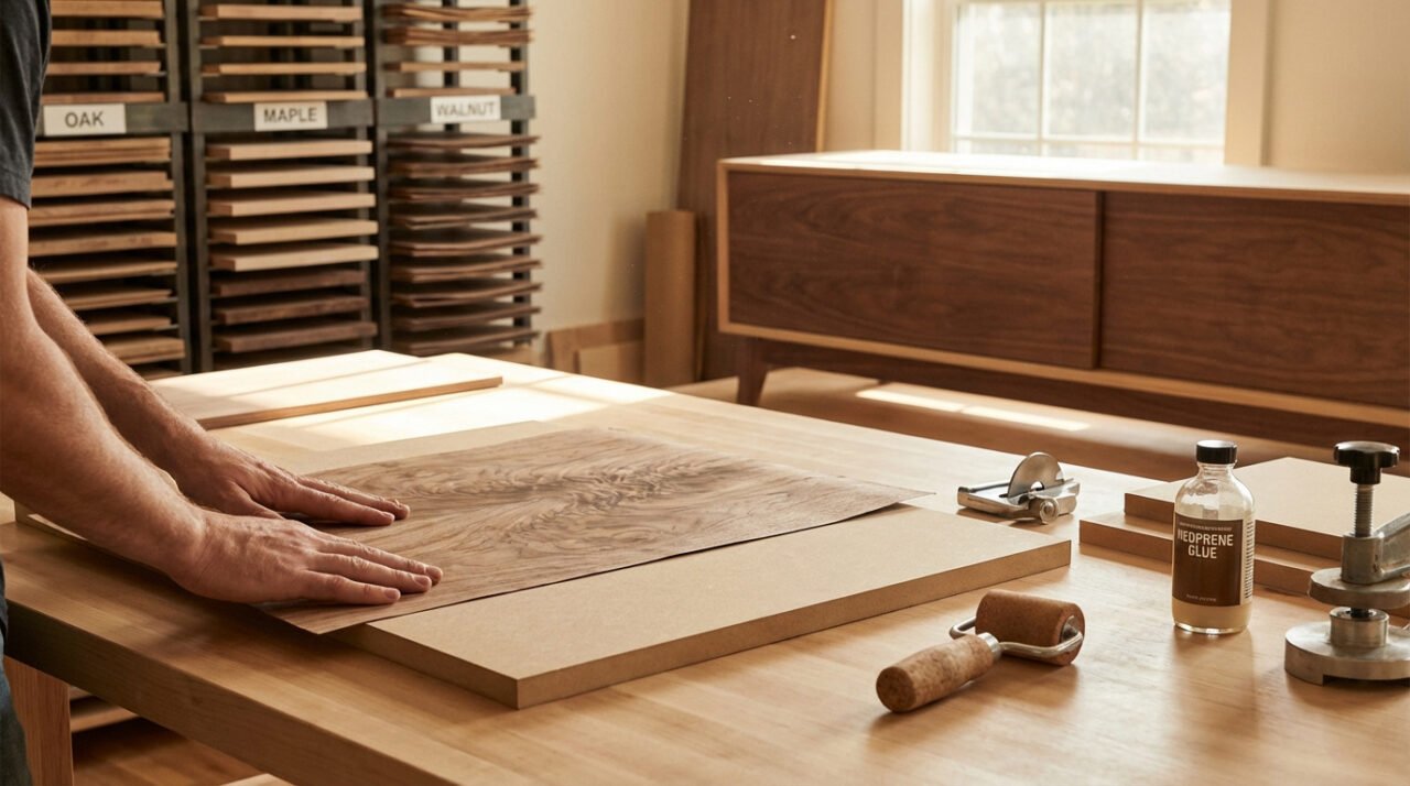 Un artisan applique un placage de bois sur un panneau, entouré d'outils, de colle et de piles de placages chêne, érable, noyer.