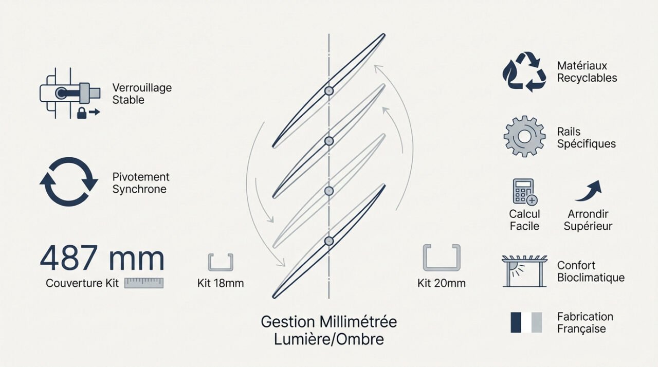 Détails techniques du mécanisme de support pour lames orientables en polypropylène