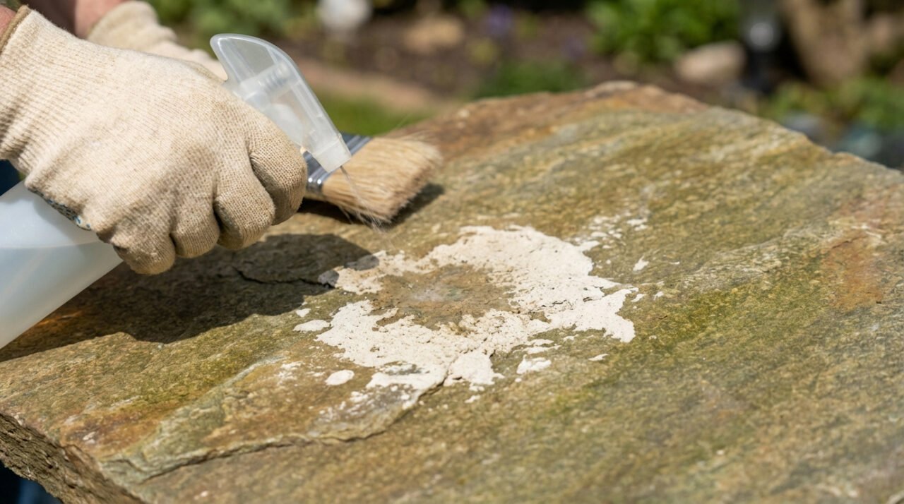 Une main gantée pulvérise un produit pour enlever du ciment séché sur une dalle de pierre, avec une brosse à proximité.