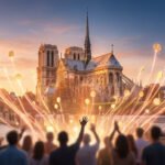 Notre-Dame de Paris au coucher du soleil, entourée de pièces d'or lumineuses s'élevant du public avec des traînées de lumière.