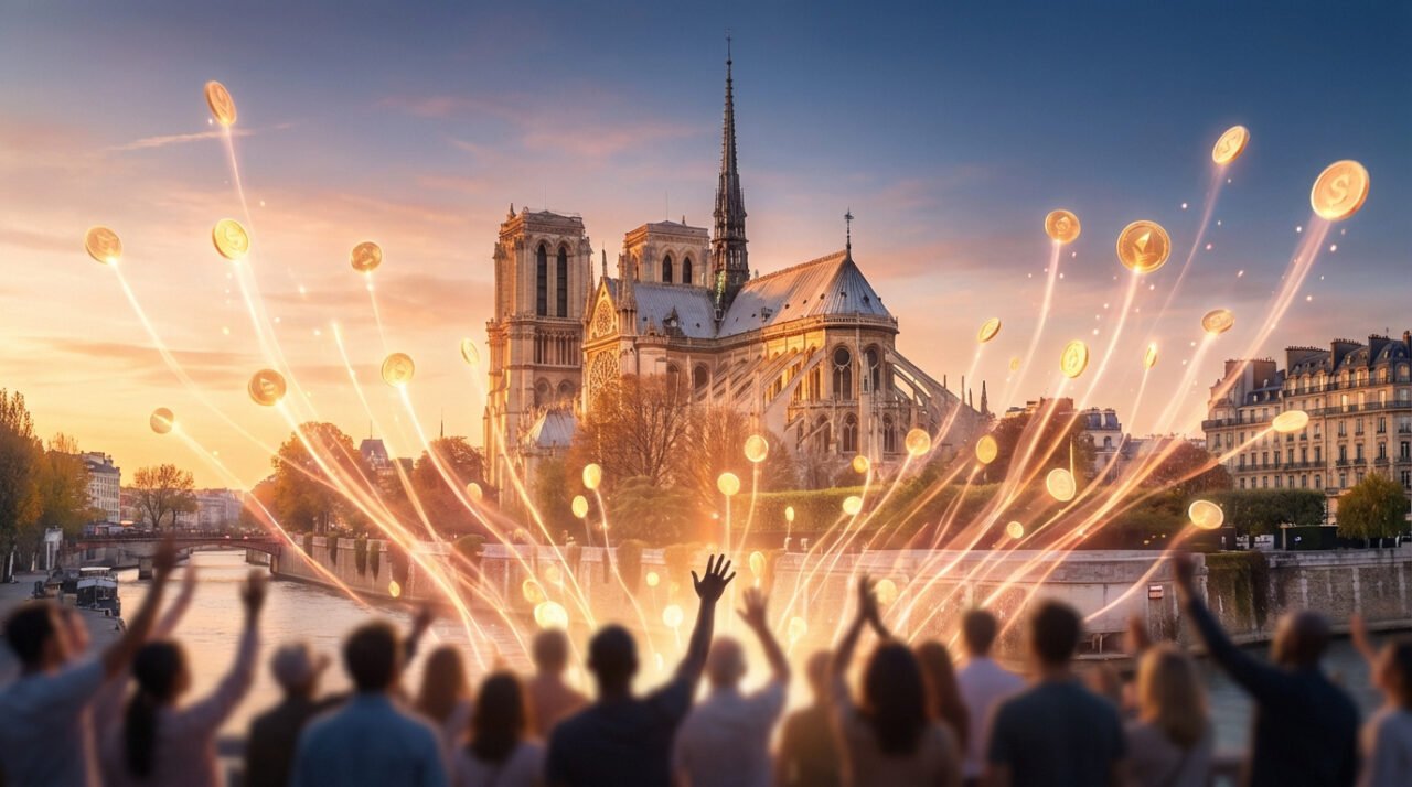 Notre-Dame de Paris au coucher du soleil, entourée de pièces d'or lumineuses s'élevant du public avec des traînées de lumière.