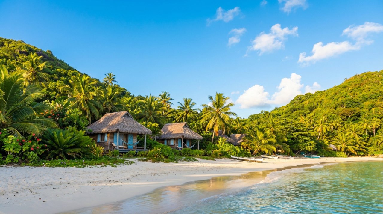 Vue d'une plage de sable blanc avec des bungalows traditionnels aux toits de chaume, bordée de palmiers luxuriants et d'une mer turquoise sous un ciel bleu.
