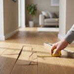 Main mesurant des fissures et des planches de parquet déformées avec un mètre ruban. Un niveau à bulle est posé à côté sur le sol en bois. Intérieur lumineux en arrière-plan.