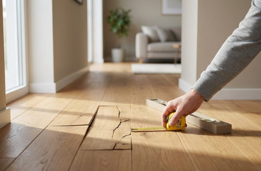 Main mesurant des fissures et des planches de parquet déformées avec un mètre ruban. Un niveau à bulle est posé à côté sur le sol en bois. Intérieur lumineux en arrière-plan.