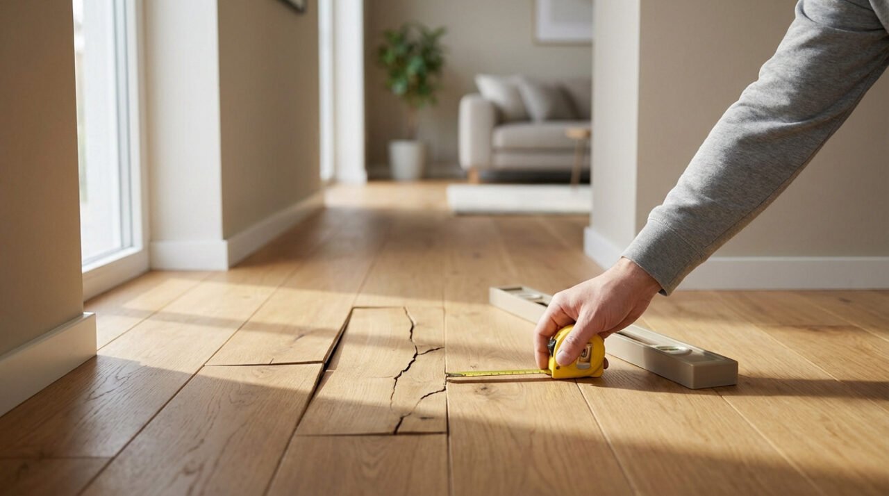 Main mesurant des fissures et des planches de parquet déformées avec un mètre ruban. Un niveau à bulle est posé à côté sur le sol en bois. Intérieur lumineux en arrière-plan.