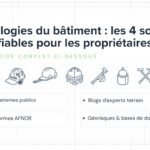 Infographie Listant Quatre Sources Fiables Sur Les Pathologies Du Bâtiment : Organismes Publics, Normes, Blogs D'experts Et Bases De Données, Avec Des Icônes De Construction Associées.