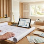 Personne examinant des plans de rénovation avec une tablette affichant un budget, échantillons de matériaux, dans maison en travaux.