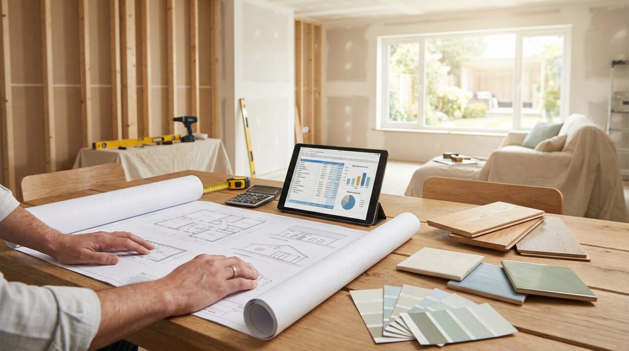Personne examinant des plans de rénovation avec une tablette affichant un budget, échantillons de matériaux, dans maison en travaux.