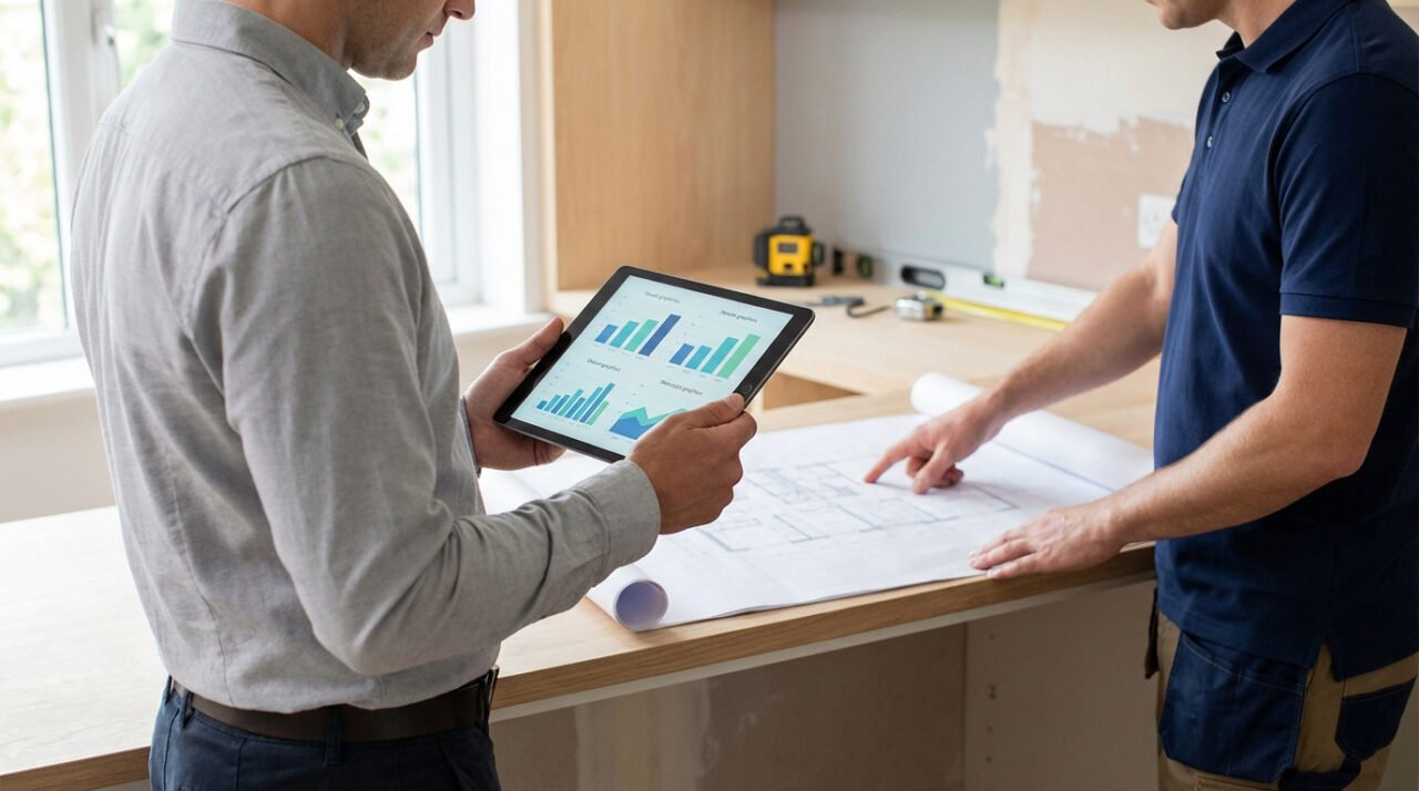 Deux hommes discutent de plans de rénovation sur un comptoir. L'un tient une tablette avec des graphiques, l'autre pointe les plans.