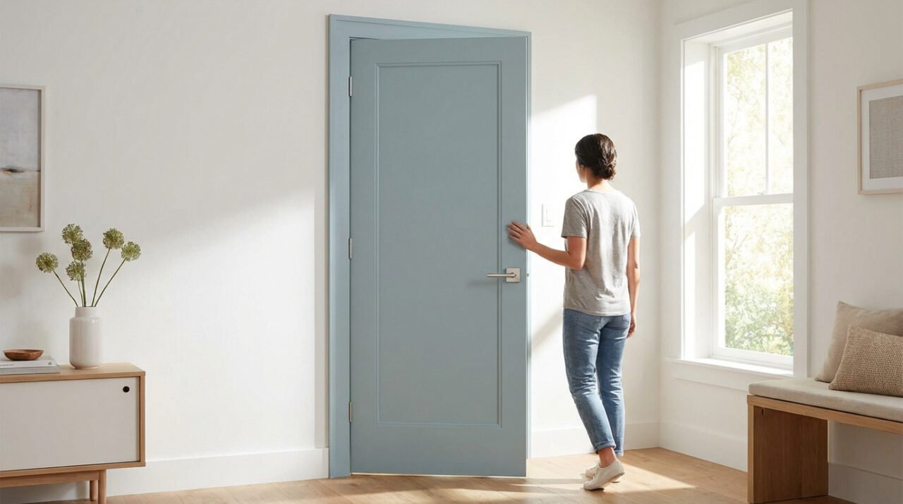 Femme debout face à une porte intérieure bleu-gris dans une pièce lumineuse avec fenêtre, banc et meuble.