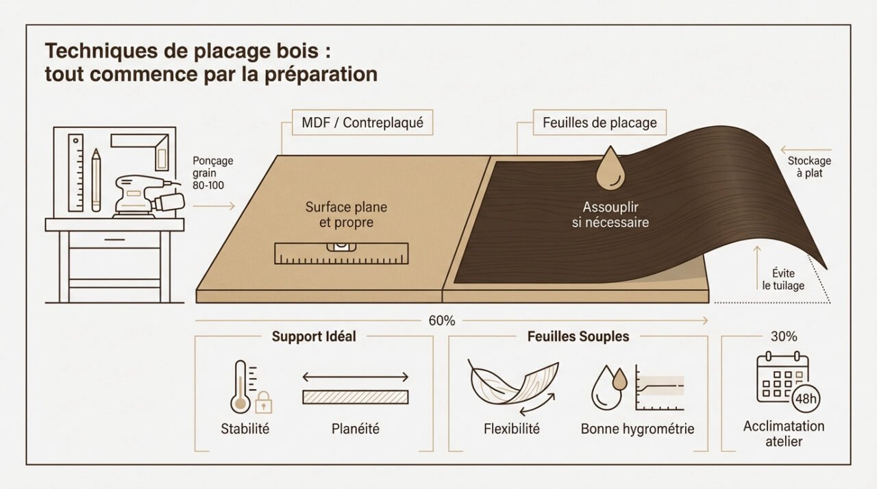 Préparation des feuilles de placage bois et du support en atelier