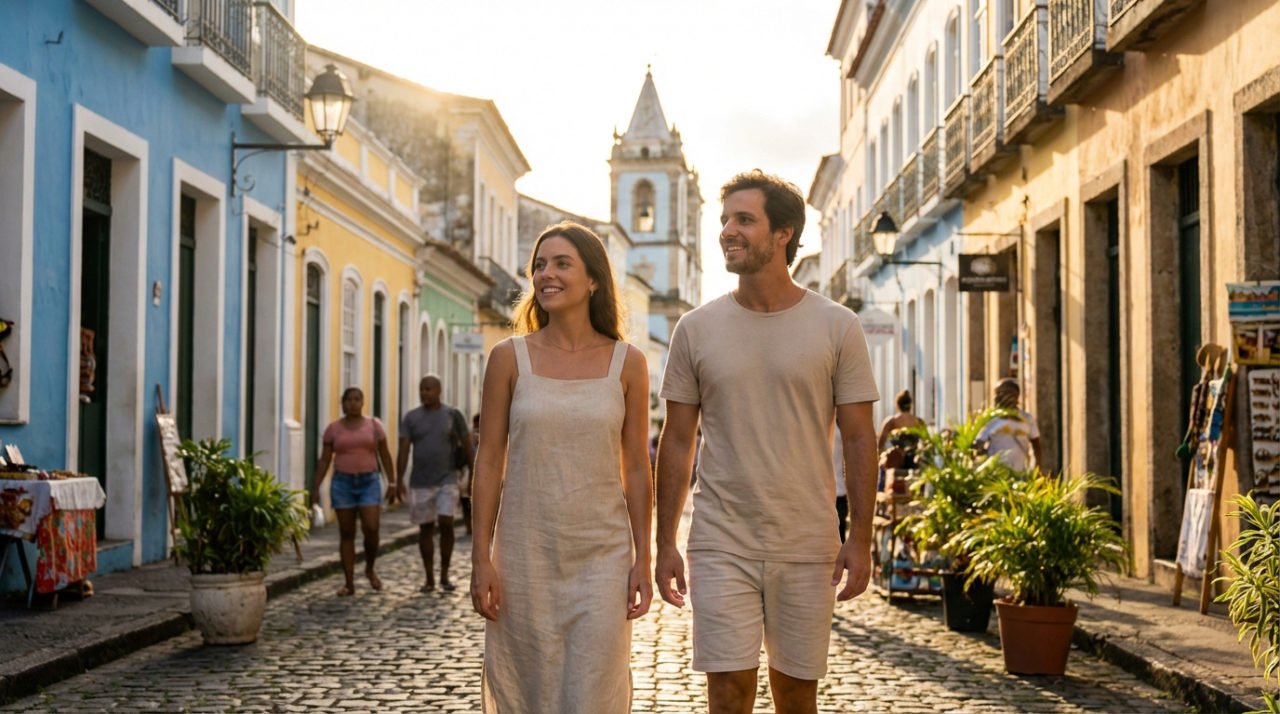 Couple souriant marchant sur une rue pavée bordée de maisons colorées à Salvador de Bahia, une église visible au loin.