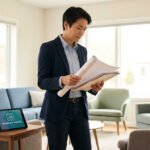 Femme experte examinant des plans de rénovation et une tablette avec les directives MaPrimeRénov' dans un intérieur moderne.