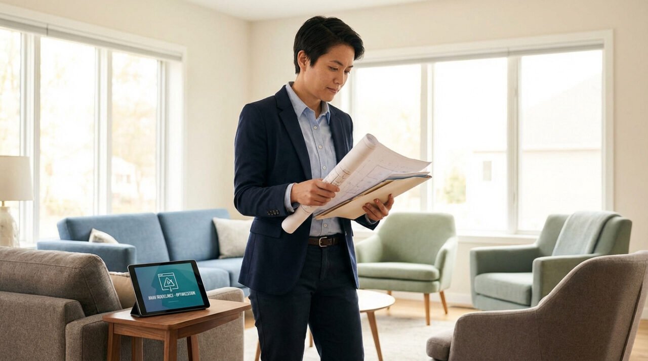 Femme experte examinant des plans de rénovation et une tablette avec les directives MaPrimeRénov' dans un intérieur moderne.