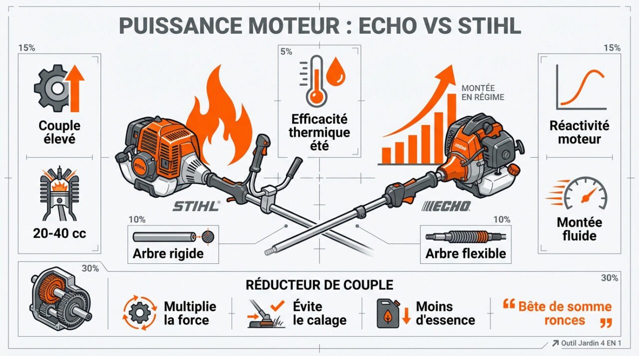 Comparaison de la puissance moteur entre une débroussailleuse Echo et Stihl