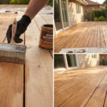 Main gantée appliquant un saturateur bois brun à la brosse sur une terrasse en bois. Le bois traité est plus foncé; la terrasse est prête.