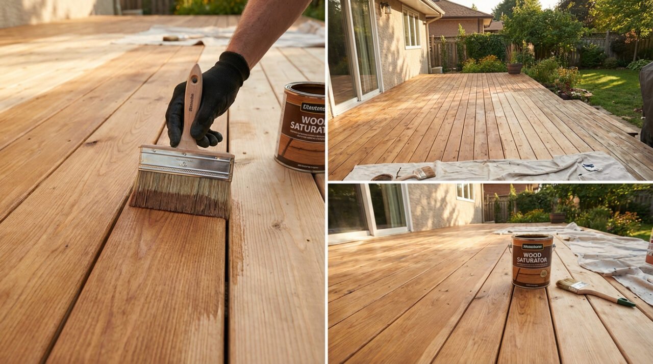 Main gantée appliquant un saturateur bois brun à la brosse sur une terrasse en bois. Le bois traité est plus foncé; la terrasse est prête.