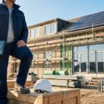 Homme en tenue de travail avec une tablette affichant des plans, sur un chantier de rénovation avec panneaux solaires.