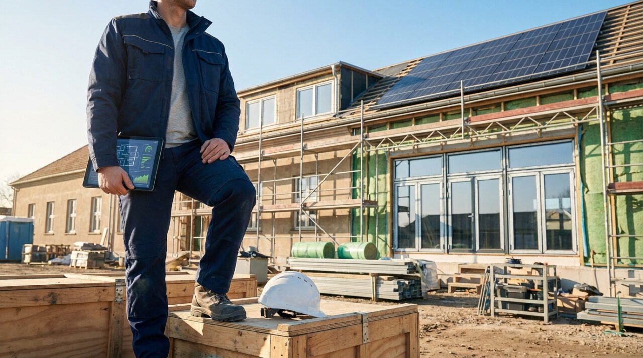 Homme en tenue de travail avec une tablette affichant des plans, sur un chantier de rénovation avec panneaux solaires.