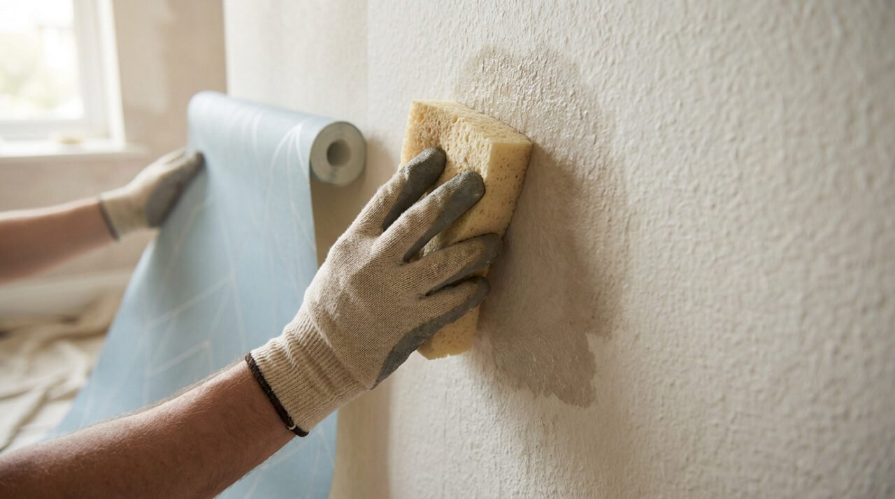 Mains gantées préparant un mur texturé avec une éponge et déroulant un rouleau de papier peint bleu clair, illustrant la rénovation.