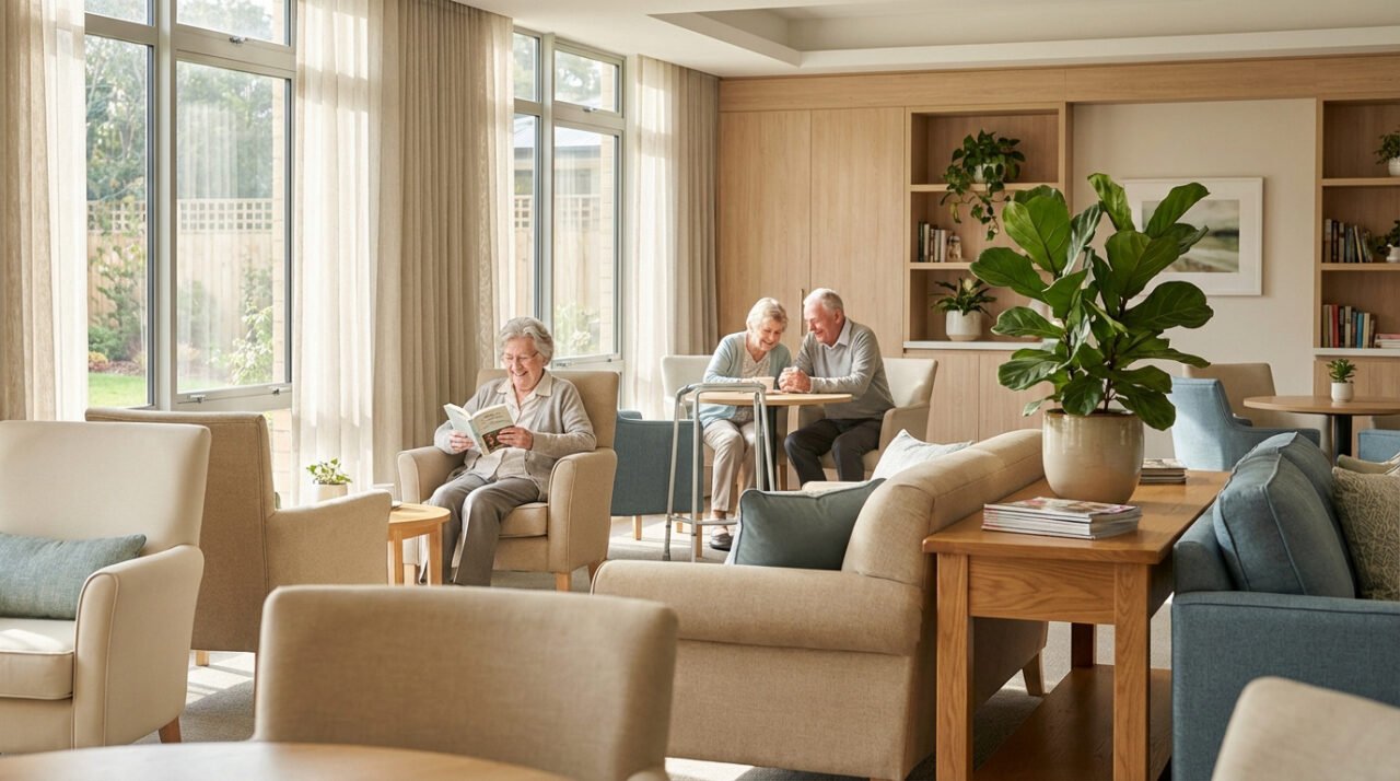 Trois résidents souriants dans un salon lumineux de maison Korian. Une femme lit, un couple discute. Mobilier confortable.