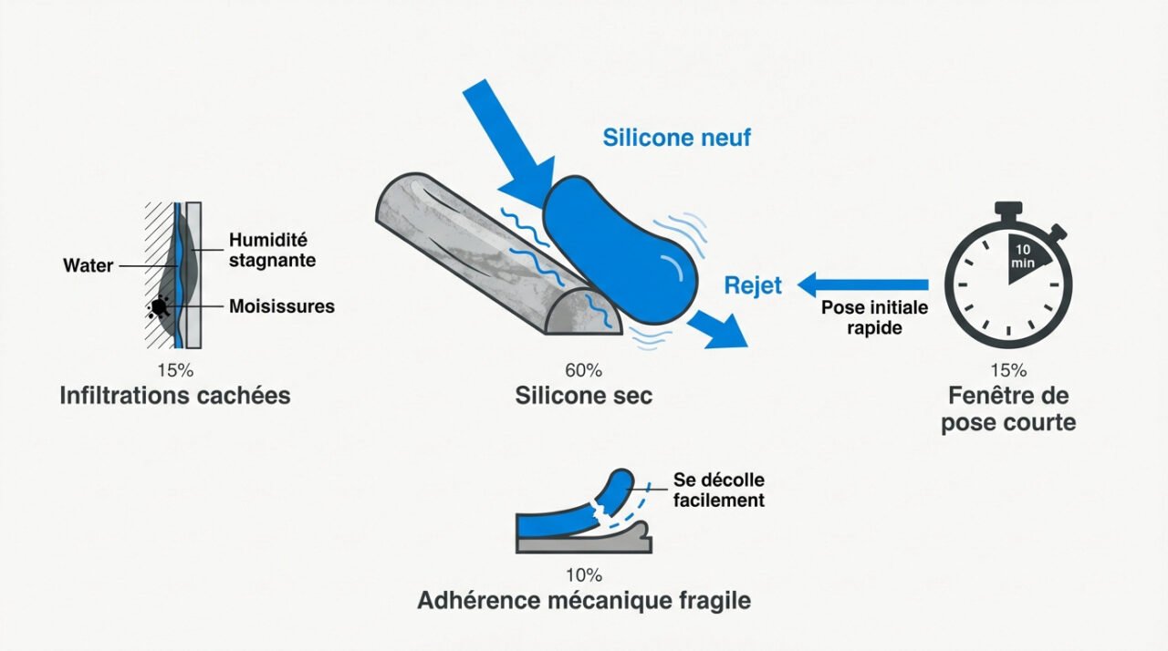 Application ratée d'une deuxième couche de silicone sur un joint sec