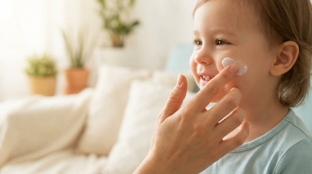 Gros plan: main appliquant de la crème sur la joue souriante d'un jeune enfant. Image douce évoquant les soins pour bébé.