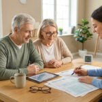 Une conseillère explique des formulaires fiscaux à un couple de seniors, avec une tablette et la date "Avril 2026" visible.