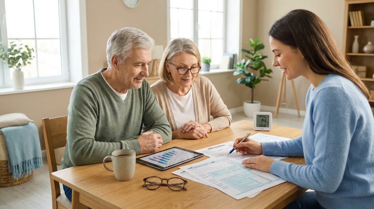 Une conseillère explique des formulaires fiscaux à un couple de seniors, avec une tablette et la date "Avril 2026" visible.