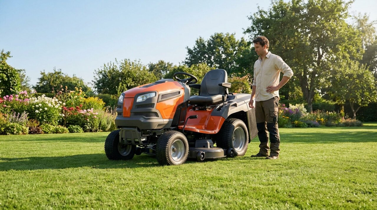Un homme en chemise claire regarde un tracteur tondeuse orange et gris sur une pelouse impeccable, devant un jardin fleuri et boisé.