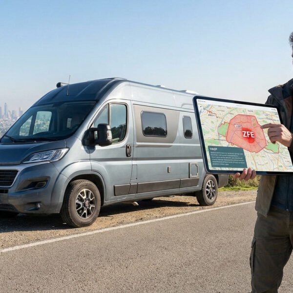 Homme montrant une carte de ZFE sur tablette, avec un fourgon aménagé gris et une ville en arrière-plan sous un ciel bleu clair.