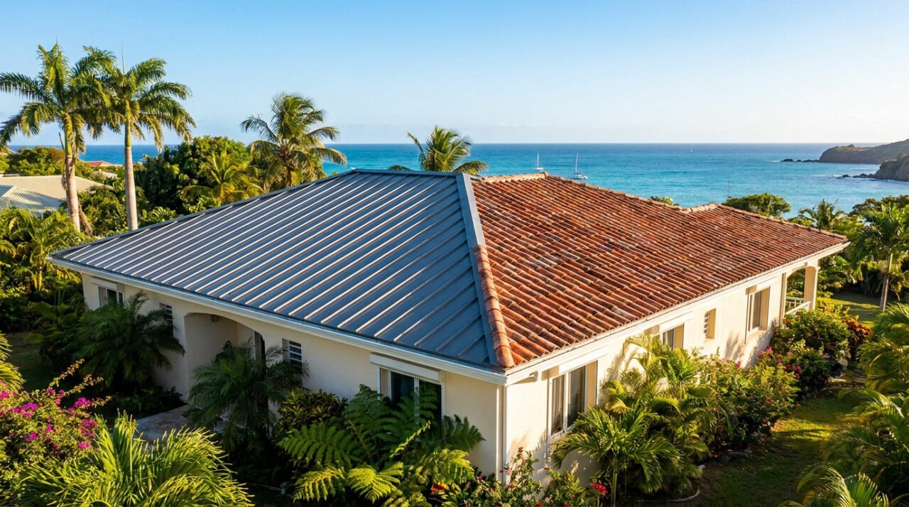 Maison en Martinique avec une toiture neuve en tôle ondulée et une ancienne en tuiles, près de la mer turquoise et des palmiers.