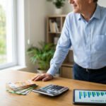 Homme souriant devant des billets en euros, une calculatrice et une tablette avec graphique de croissance financière, sur un bureau en bois.