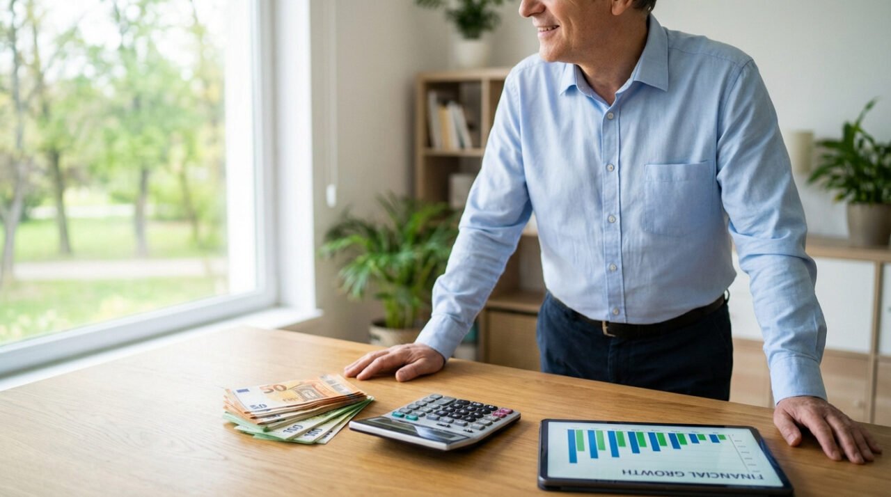 Homme souriant devant des billets en euros, une calculatrice et une tablette avec graphique de croissance financière, sur un bureau en bois.