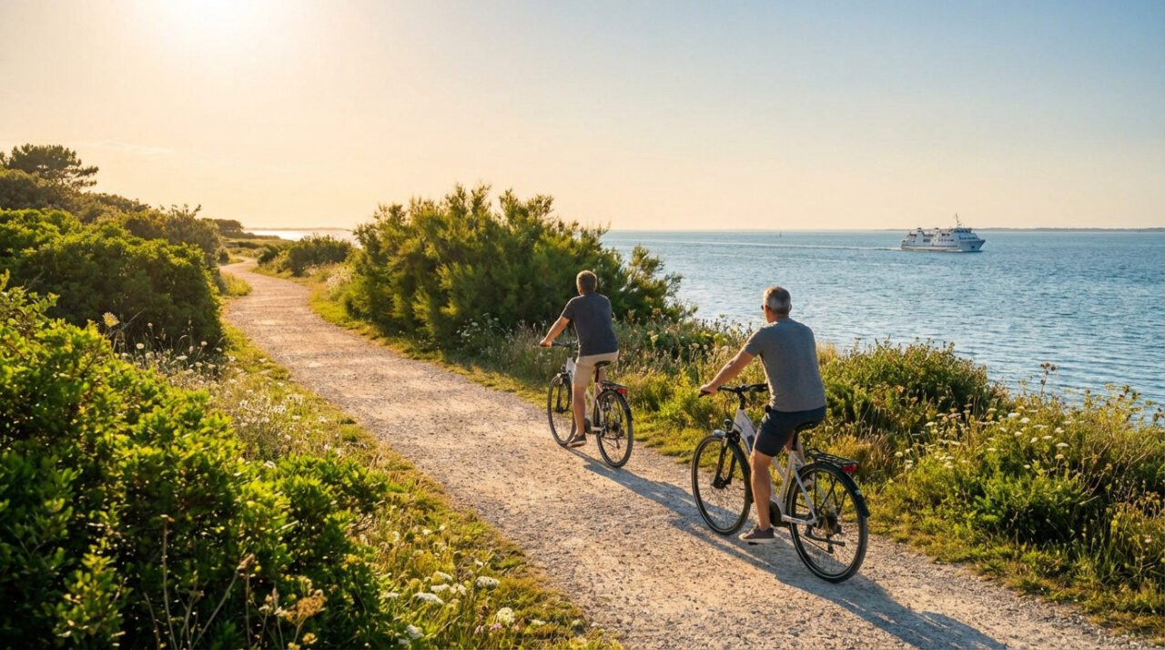 Deux personnes à vélo sur un chemin côtier de l'Île d'Aix au coucher du soleil, avec la mer et un ferry.