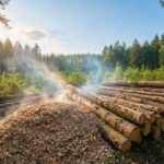 Rondins et copeaux de bois empilés en forêt, avec des rayons de lumière filtrant à travers la brume. Valorisation de la biomasse.