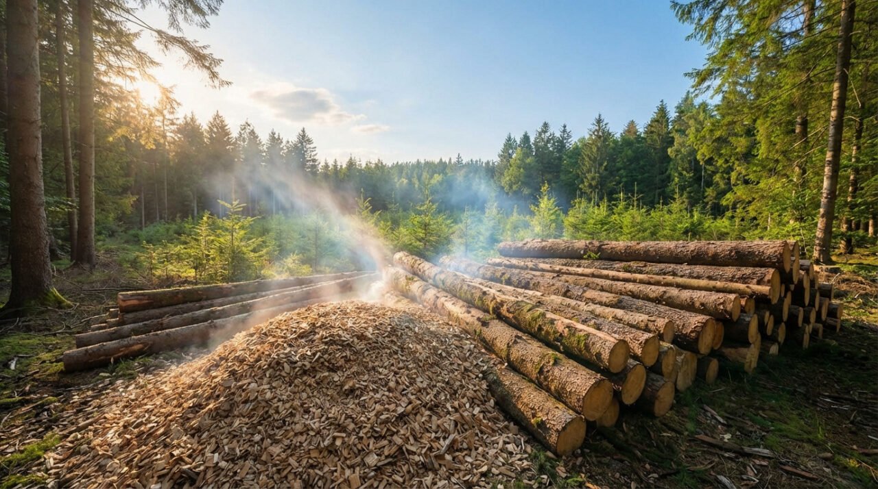 Rondins et copeaux de bois empilés en forêt, avec des rayons de lumière filtrant à travers la brume. Valorisation de la biomasse.