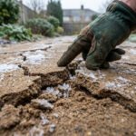 Main gantée pointant des fissures profondes dans un sol de sable stabilisé, avec du givre visible dans les craquelures.