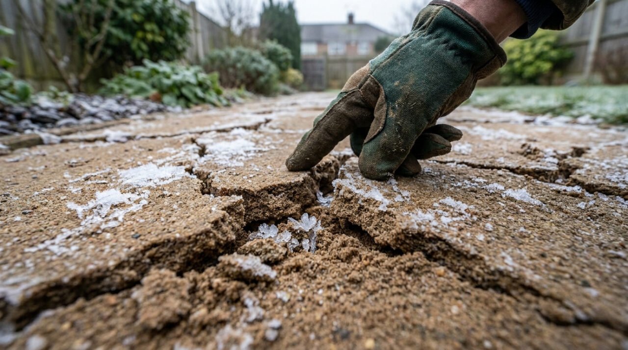 Main gantée pointant des fissures profondes dans un sol de sable stabilisé, avec du givre visible dans les craquelures.