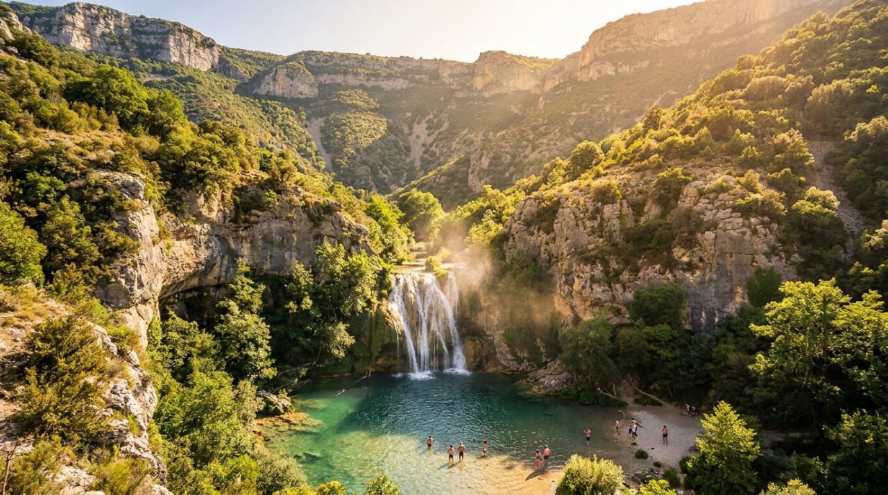 Magnifique cascade tombant dans une piscine naturelle turquoise, entourée de montagnes verdoyantes. Des gens se baignent au soleil.