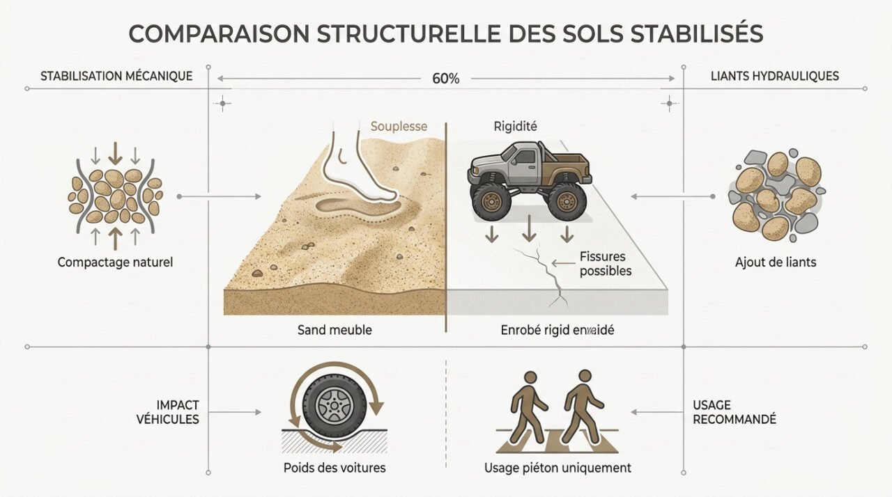 Comparaison entre la souplesse du sable stabilisé mécanique et la rigidité du liant hydraulique