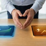 Un homme présente deux tablettes sur une table en bois, l'une pour l'épargne réglementée, l'autre pour l'épargne bancaire. Ses mains forment un cœur au centre.