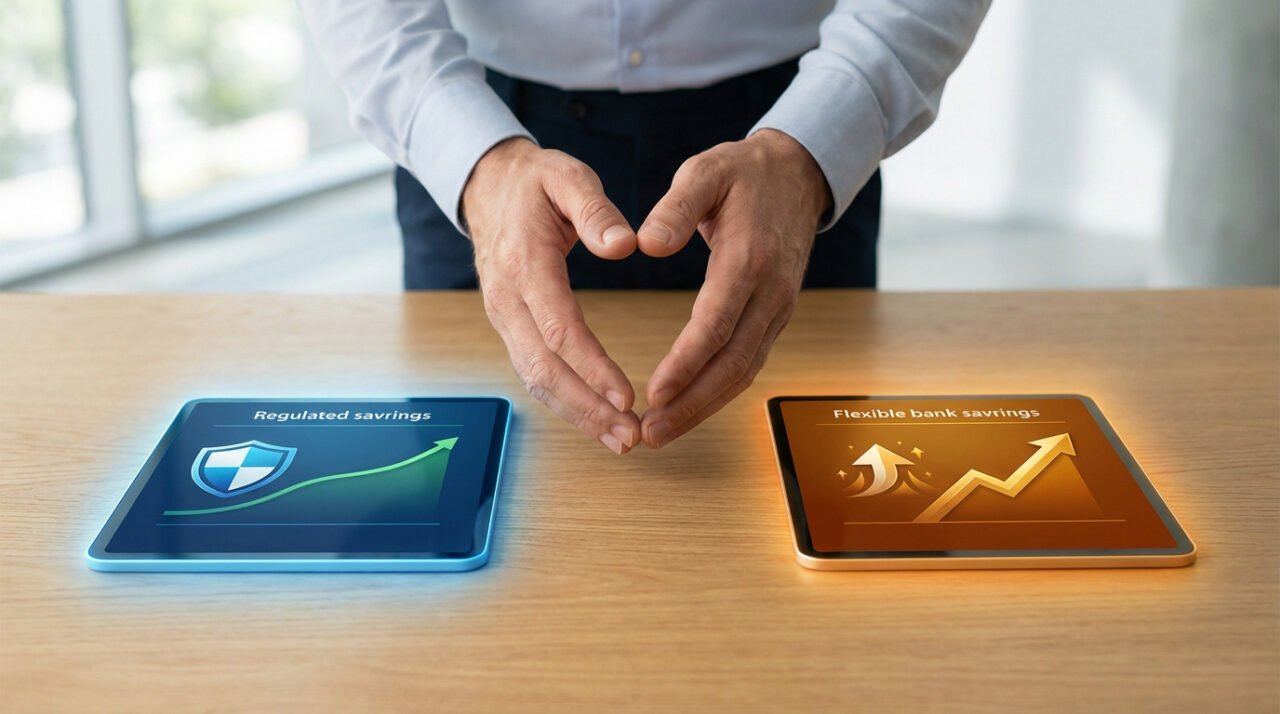 Un homme présente deux tablettes sur une table en bois, l'une pour l'épargne réglementée, l'autre pour l'épargne bancaire. Ses mains forment un cœur au centre.