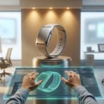 Mains manipulant une interface holographique 3D d'une montre connectée, avec le rendu physique en arrière-plan.